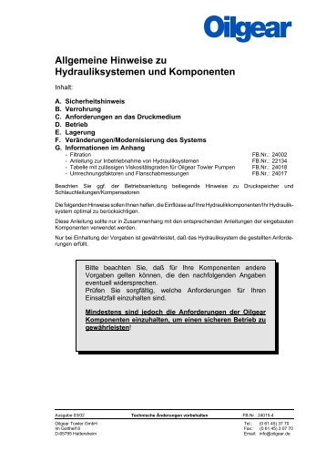 Allgemeine Hinweise zu Hydrauliksystemen und Komponenten