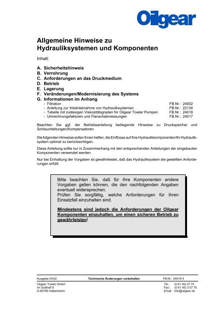 Allgemeine Hinweise zu Hydrauliksystemen und Komponenten