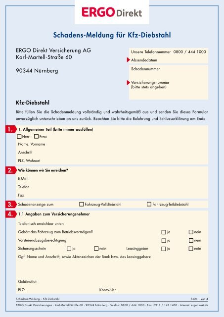 Schadens-Meldung für Kfz-Diebstahl - ERGO Direkt Versicherungen