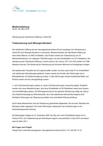 Umbau Ueberbauung Hatt Bucher Stiftung - HEV Zürich