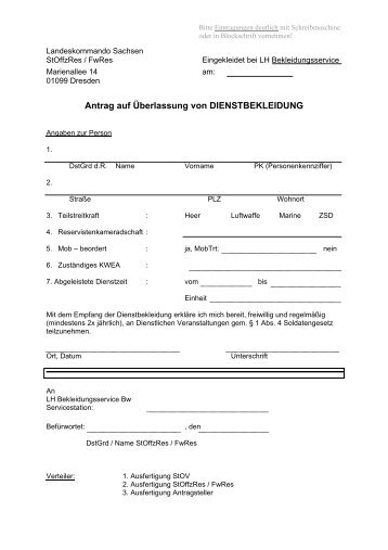 Antrag auf Überlassung von Dienstbekleidung (nur Reservisten)