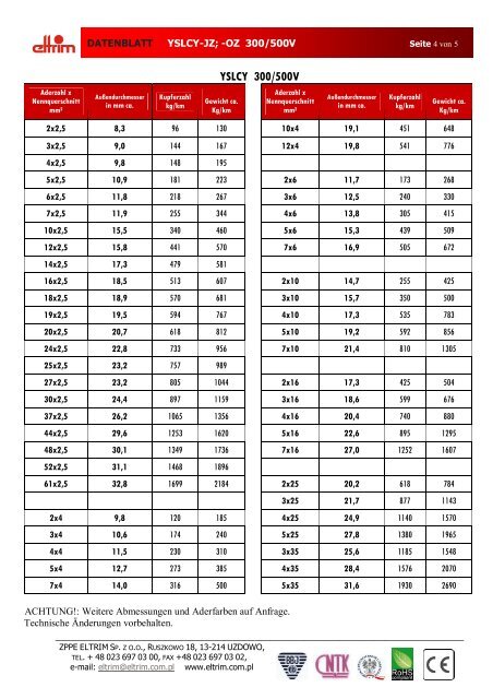 DATENBLATT YSLCY-JZ; -OZ 300/500V YSLCY-OZ (300 ... - Eltrim