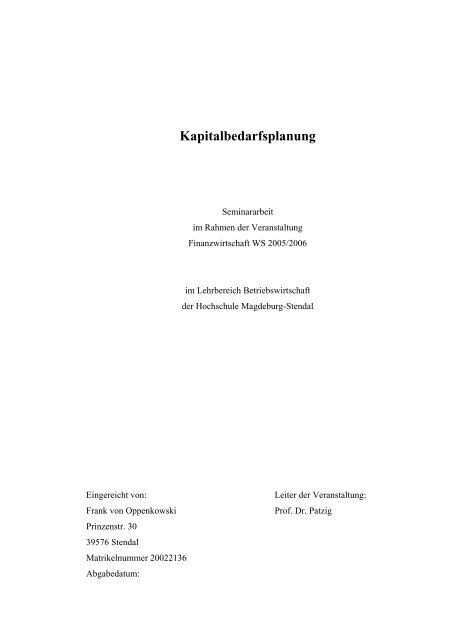 Kapitalbedarfsplanung - Hochschule Magdeburg-Stendal