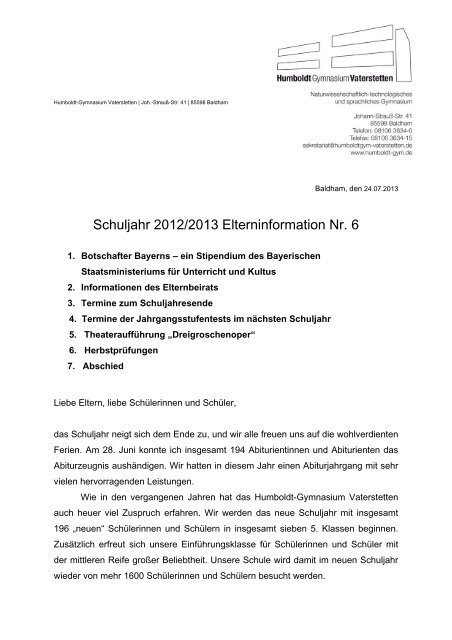 aktuellen Elternbrief - Humboldt-gym.de