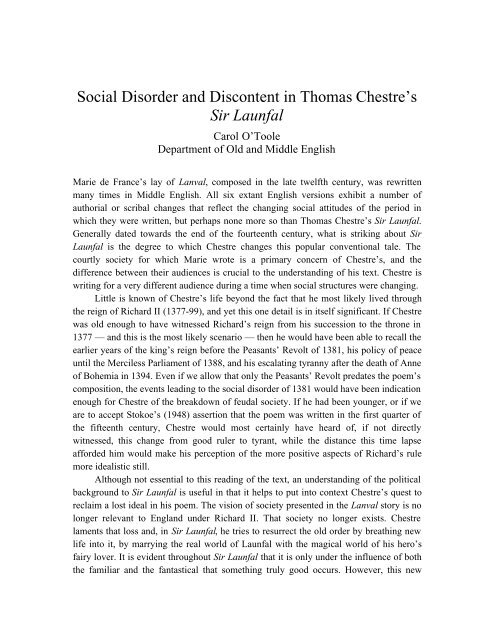 Social Disorder and Discontent in Thomas Chestre's Sir Launfal