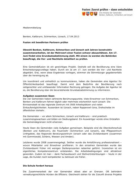 Medienmitteilung Benken Kaltbrunn Schmerikon Uznach 17 04