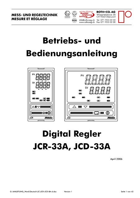 und Bedienungsanleitung Digital Regler JCR-33A ... - ROTH+CO. AG