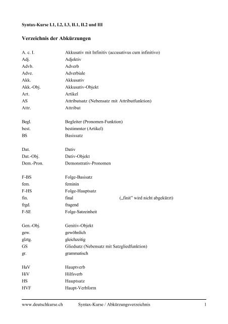 Verzeichnis der Abkürzungen - deutschkurse.ch