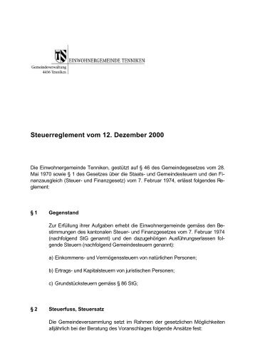 Steuerreglement vom 12. Dezember 2000 - Tenniken