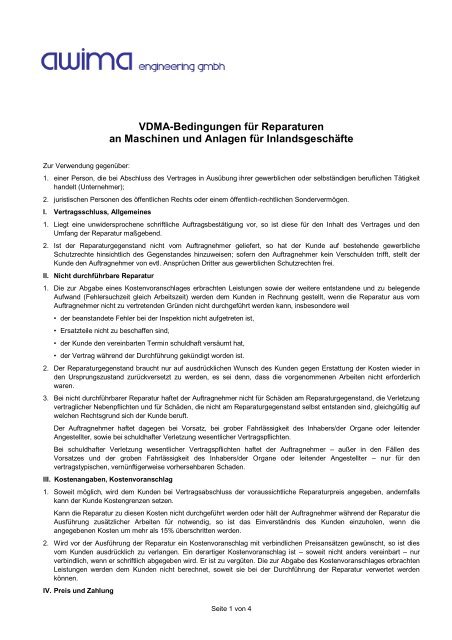 Vdma-Bedingungen für Reparaturen an Maschinen und Anlagen ...