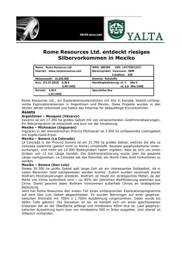 Rome Resources Ltd. entdeckt riesiges Silbervorkommen in Mexiko