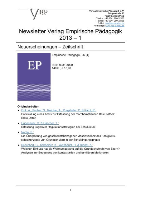 Newsletter Verlag Empirische Pädagogik 2013 – 1