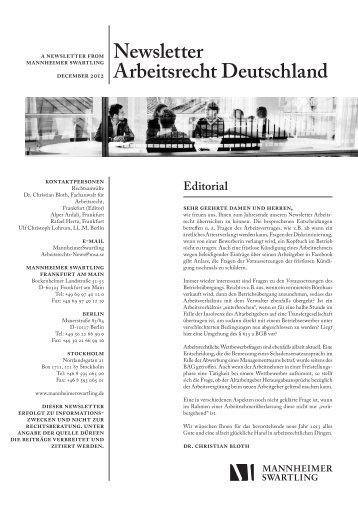 Newsletter Arbeitsrecht Deutschland - Mannheimer Swartling