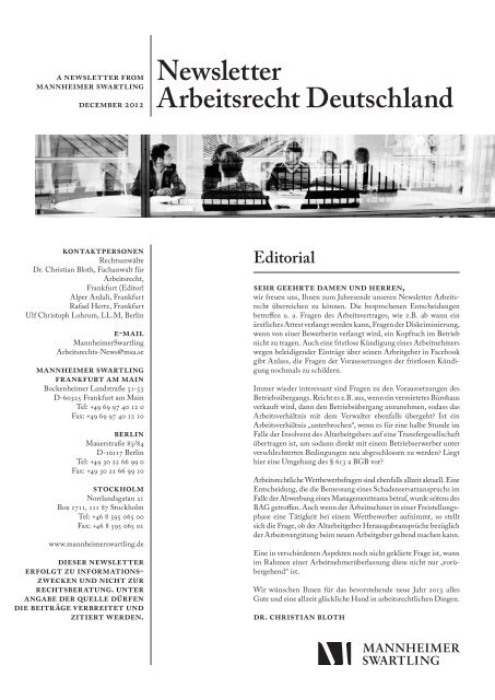 Newsletter Arbeitsrecht Deutschland - Mannheimer Swartling