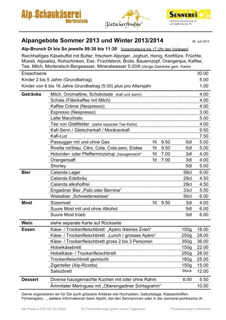 Preisliste Alpangebote (PDF 0.4MB) - Sennerei Pontresina