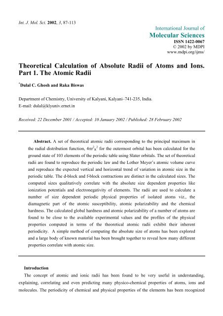 Molecular Sciences Theoretical Calculation of Absolute Radii of ...