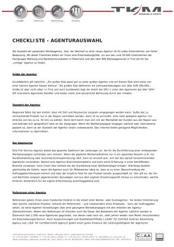 CHECKLISTE - AGENTURAUSWAHL - TKM Werbung & Events