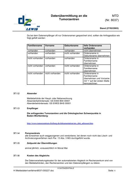 Satzbeschreibung Vitalstatus-Abfrage Baden-Württemberg