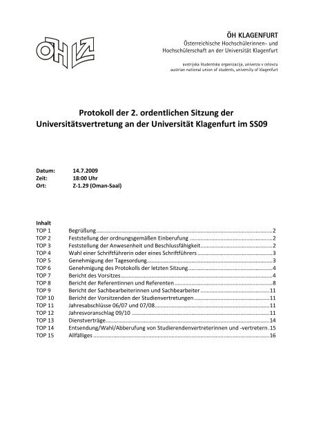 Protokoll der 2. ordentlichen Sitzung der Universitätsvertretung an ...