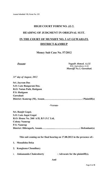 HIGH COURT FORM NO. (J) 2. HEADING OF JUDGMENT IN - Kamrup
