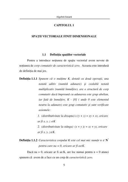 5 CAPITOLUL 1 SPAŢII VECTORIALE FINIT DIMENSIONALE 1.1 ...