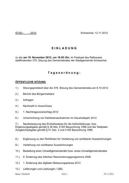 Protokoll der 379. Gemeinderatssitzung am 19. November 2012