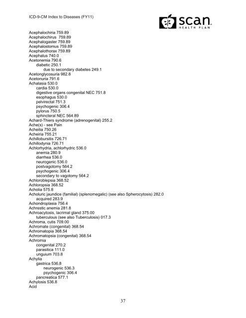 2011 ICD-9-CM Diagnosis Disease Index - SCAN Health Plan