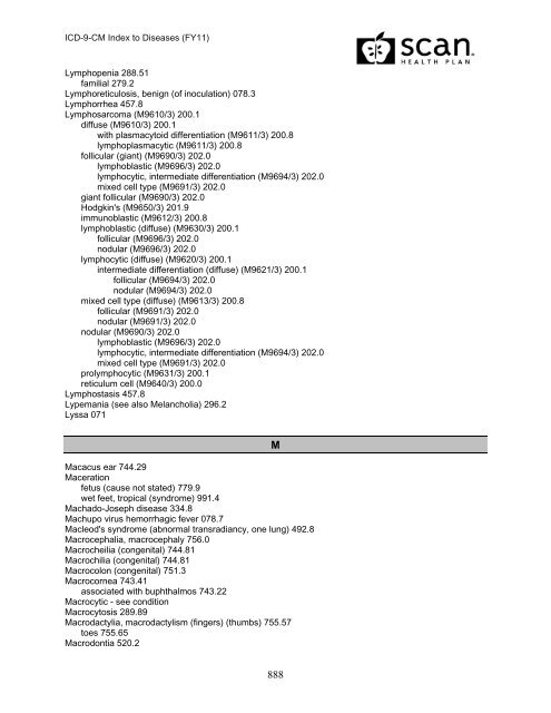 2011 ICD-9-CM Diagnosis Disease Index - SCAN Health Plan