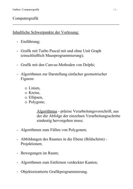 Computergrafik Inhaltliche Schwerpunkte Der Vorlesung Einfuhrung