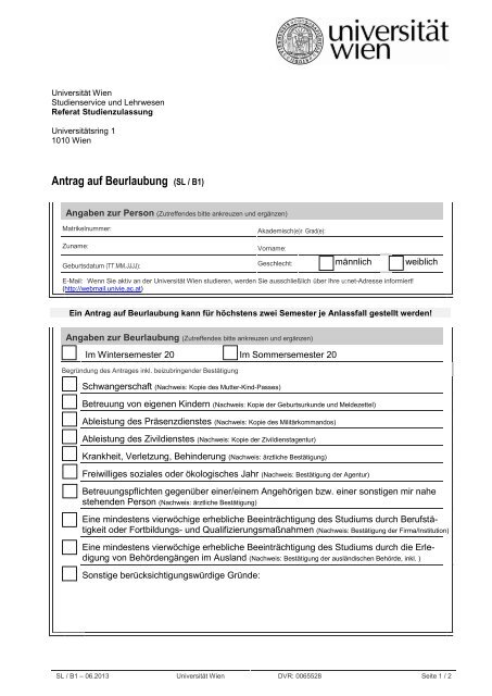 Antrag auf Beurlaubung - Student Point - Universität Wien