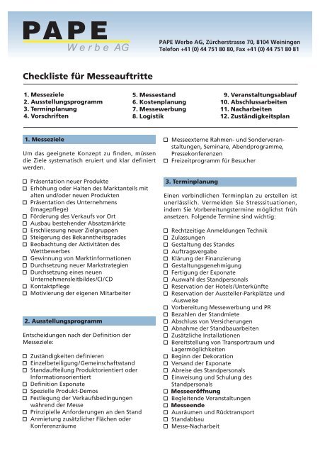 Checkliste für Messeauftritte - PAPE Werbe AG