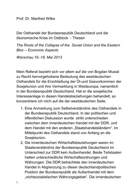 Prof. Dr. Manfred Wilke Der Osthandel der Bundesrepublik ...