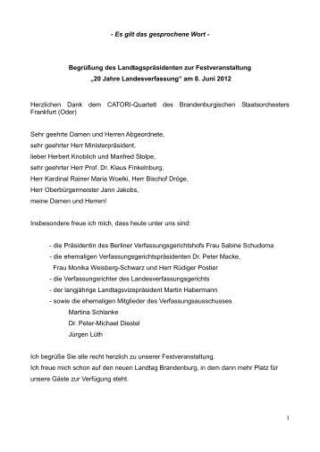 Begrüßung des Landtagspräsidenten zur Festveranstaltung