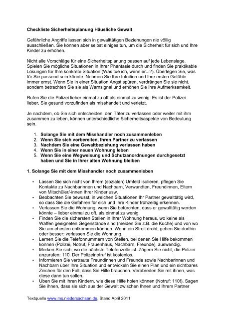 Checkliste Sicherheitsplanung Hausliche Gewalt Gefahrliche