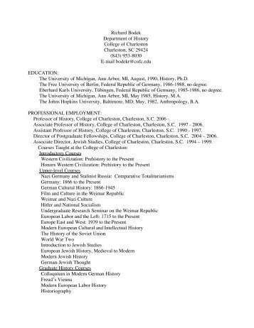 to view my CV in PDF. - Richard Bodek - College of Charleston