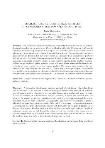 Analyse discriminante séquentielle et classement sur données ...