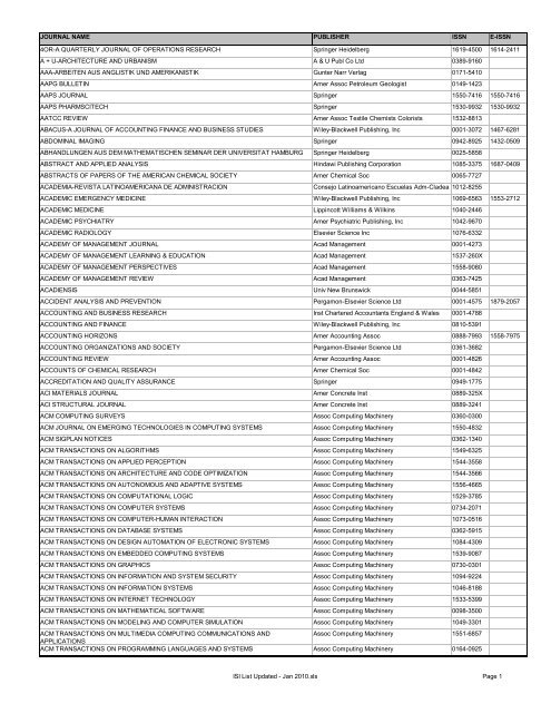 لیست کامل مجلات ایندکس شده در ISI2010