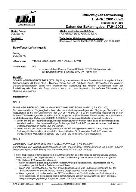 Lufttüchtigkeitsanweisung LTA-Nr.: 2001-302/2 - Luftfahrt-Bundesamt