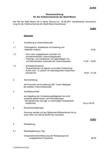 Honorarordnung für die Volkshochschule der Stadt Moers als PDF