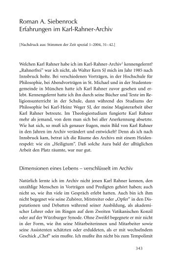 Roman A. Siebenrock - Karl-Rahner-Archiv München