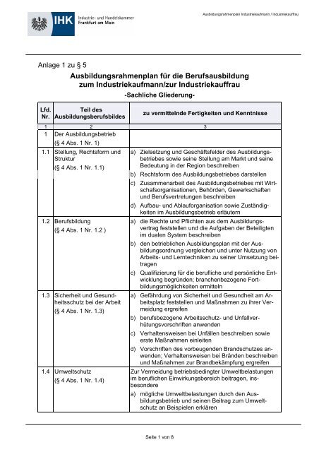 Ausbildungsrahmenplan für die Berufsausbildung zum