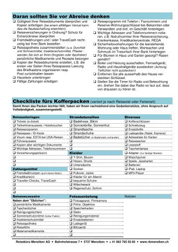Checkliste vor der Abreise - Reisebüro Menziken AG