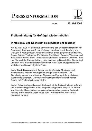 PRESSEINFORMATION vom 12. Mai 2006 Freilandhaltung für ...