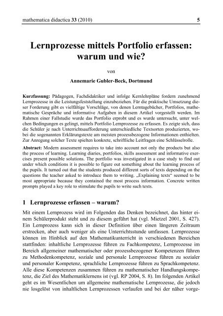 Lernprozesse mittels Portfolio erfassen - mathematica didactica