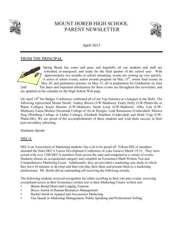 April 2013 newsletter - Mount Horeb Area School District