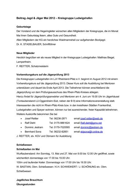 Beitrag Jagd & JÃ¤ger Mai 2012 â Kreisgruppe Ludwigshafen