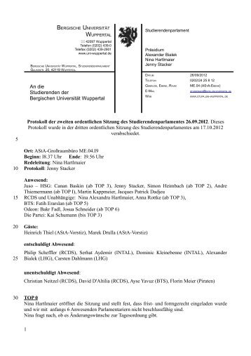 Protokoll der 2. ordentlichen Sitzung 12/13 - StuPa - Bergische ...