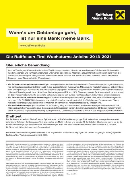 Die Raiffeisen-Tirol Wachstums-Anleihe Und mit Ihren Zinsen geht ...