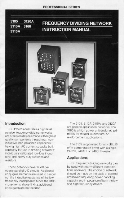 frequency dividing network 3115a —' instruction ... - JBL Professional