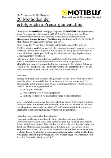 20 Methoden der erfolgreichen Preisargumentation